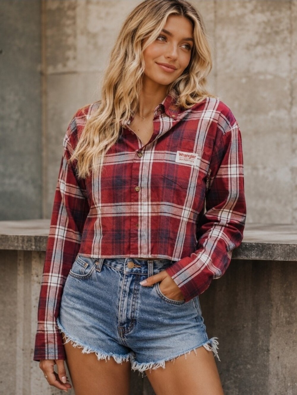 Upcycled Cropped authentic Wrangler button up with outer patch